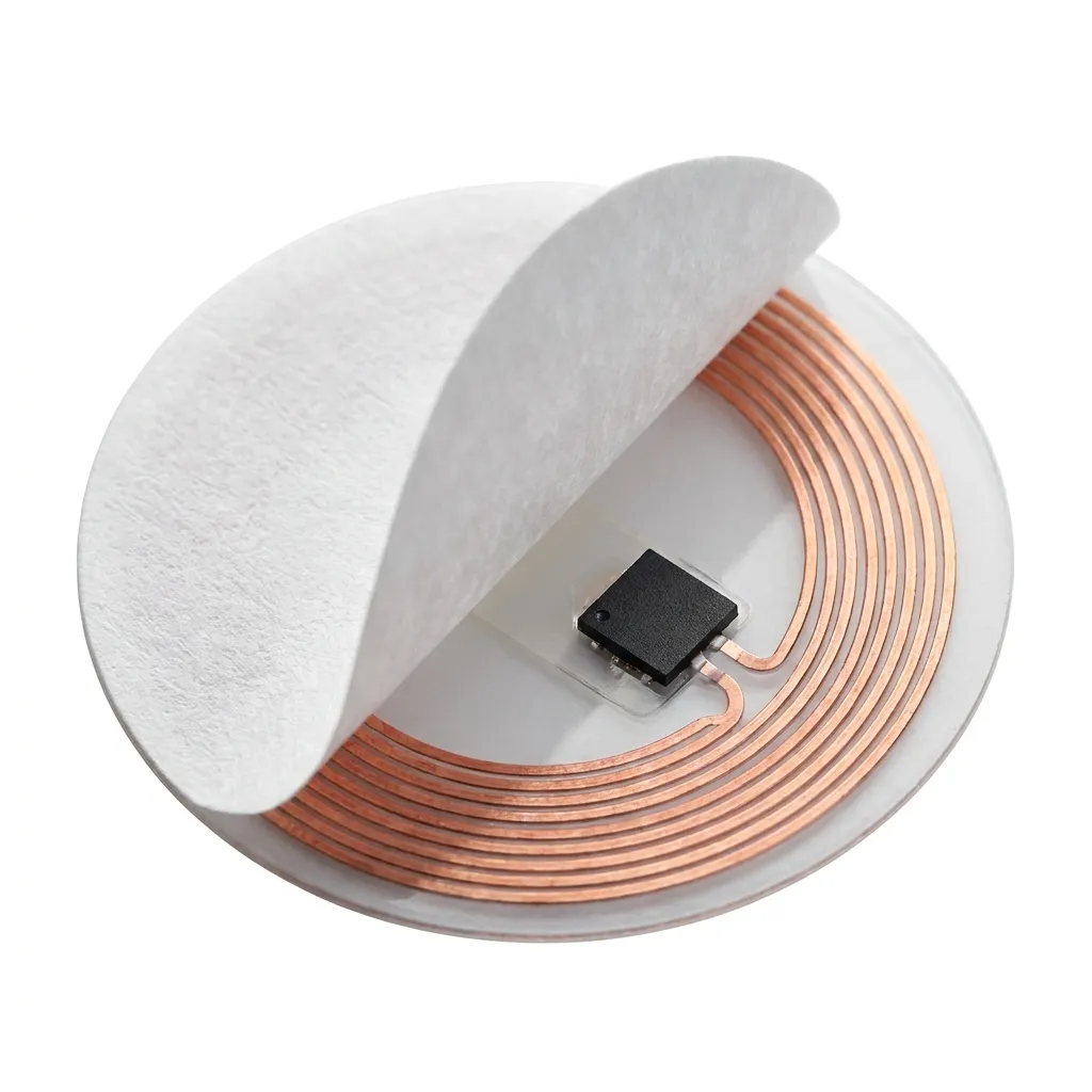 Macro photograph of the actual copper NFC antenna coil inside the coin